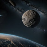 A giant asteroid passing close to Earth, showcasing its immense size against the backdrop of space.
