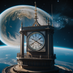 A gigantic clock tower majestically floats in the vastness of space, surrounded by stars and galaxies, symbolizing the blending of time and cosmic wonder.