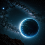 A magnificent giant gas planet dominates the sky, showcasing its vast and vibrant atmosphere against the backdrop of distant stars.