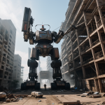 A massive mecha robot standing tall in a scrapyard, showcasing intricate mechanical details and futuristic technology.