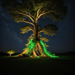 A majestic giant tree of life with glowing roots, illuminating the forest floor, symbolizing natural beauty and spiritual connection.