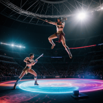 A gladiator in armor fights in a futuristic holographic arena, showcasing a blend of ancient combat and modern technology.