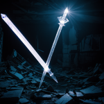 A radiant crystal sword glowing amidst ancient ruins, illuminating the mystical surroundings with its enchanting light.