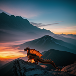A glowing dragon perched on a mountain peak at sunset, casting a mystical aura with vibrant hues as the sun sets in the background, embodying mythical charm.