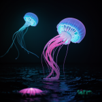A glowing neon jellyfish gracefully floats in dark water, illuminating the surrounding with its bioluminescent glow, showcasing the beauty of marine life.