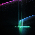 A breathtaking view of glowing neon rain falling over a sleek black glass surface, with vibrant colors creating a mesmerizing and artistic visual display.