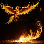 A glowing phoenix majestically rising from its ashes, symbolizing rebirth and renewal, set against a fiery background.