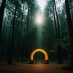 A glowing portal emanates mystical light in a serene forest lake, surrounded by lush trees and tranquil waters, evoking a sense of fantasy and wonder.