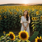 A stunning sunflower field bathed in the warm glow of golden hour, highlighting vibrant yellow blooms against the setting sun for a perfect nature photography moment.