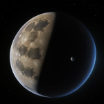 A scenic view of a habitable moon orbiting a giant planet, showcasing potential for extraterrestrial life in the vastness of space.