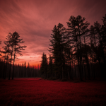 A hauntingly beautiful forest under vibrant red skies, evoking a sense of mystery and supernatural allure.