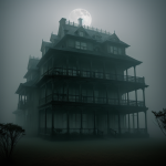 A spooky haunted mansion enveloped in thick fog, creating an eerie and mysterious atmosphere perfect for ghostly tales and thrilling adventures.