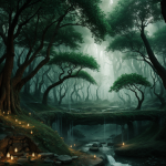 A hidden elven city nestled deep within an enchanted forest, surrounded by towering ancient trees and magical creatures, creating a mystical and serene atmosphere.
