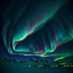 A breathtaking icy landscape illuminated by the vibrant and colorful lights of the aurora, creating a stunning and magical visual experience.