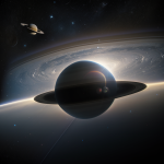 An interstellar spaceship gracefully passing by the majestic rings of Saturn, showcasing the beauty of space exploration and the wonders of the cosmos.