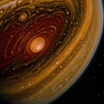 A detailed view of Jupiter's Great Red Spot, showcasing the swirling storm patterns and vibrant colors of this massive atmospheric feature.