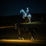 A knight in shining armor riding a glowing horse, traversing a mystical landscape filled with enchantment and adventure.