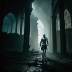 A knight exploring mystical glowing ruins, surrounded by enchanted ancient structures illuminating the path, depicting a scene of fantasy and adventure.
