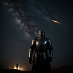 A brave knight stands under a sky filled with meteors, illustrating courage and determination in a dramatic celestial event.