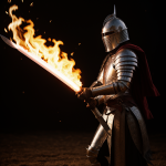 A brave knight in shining armor holding a flaming sword, symbolizing courage and valor in a mythical medieval setting.