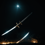 A knight's sword glowing with mystical light during an intense battle, symbolizing bravery and power in medieval warfare.