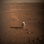 A lone astronaut walking across the rugged Martian landscape, capturing the essence of space exploration and discovery on the Red Planet.
