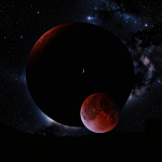 A captivating lunar eclipse in deep space showcasing the moon's shadow against the stars, perfect for astronomy and wallpaper enthusiasts.