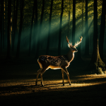 A magical deer glowing softly in the forest, surrounded by lush greenery, creating an ethereal and enchanting atmosphere.