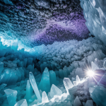 A mystical, magical staff glowing with light in the serene crystal caves, showcasing the enchanting beauty and ancient powers within.