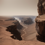 A breathtaking view of a canyon on Mars filled with ethereal mist, showcasing the red planet's dramatic and otherworldly landscape.