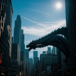 A dramatic depiction of a massive dragon shadow looming over a bustling cityscape, evoking mystery and fantasy with mythical and urban themes.