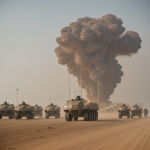 A powerful mech army marching through swirling dust storms, demonstrating advanced robotics and strategic prowess in a harsh desert environment.