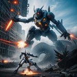 A brave mecha warrior engaging in a fierce battle with a massive kaiju, showcasing an epic clash of technology and nature in a thrilling sci-fi scene.