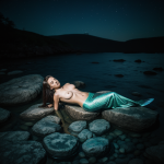 A captivating image of a mermaid resting on moonlit rocks, her shimmering scales glowing softly under the moonlight, creating a serene and mystical atmosphere.
