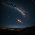 A bright meteor streaking across the night sky, passing close to Earth, illuminating the surrounding stars.