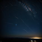 A stunning view of a meteor shower seen from orbit, showcasing shooting stars streaking across the dark expanse of space.
