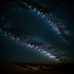 A breathtaking view of the Milky Way arcing majestically over a tranquil desert horizon, showcasing the serene beauty of the starry night sky.