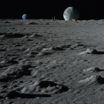Earthrise view from a moon base showcasing the stunning celestial contrast between the lunar surface and the rising Earth against a starry sky.