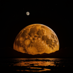 A stunning view of the moon reflecting a fiery planet in the night sky, showcasing a breathtaking celestial marvel and cosmic beauty.