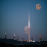 A view of the Moon's surface showcasing its skyscraper-sized geysers erupting against the celestial backdrop, highlighting the natural wonders of our lunar neighbor.