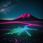 A captivating neon desert landscape with glowing crystals, casting vibrant hues and creating a surreal and enchanting nighttime scene.