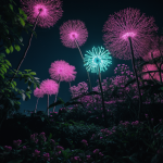 A stunning scene of neon glowing flora, showcasing vibrant colors against a dark backdrop, illustrating the beauty of bioluminescent plants in nature.