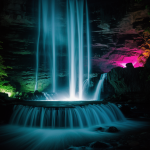 A stunning waterfall glowing with vibrant neon colors at night, creating a mesmerizing and enchanting natural spectacle.