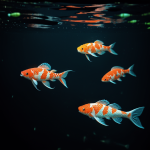 A stunning neon koi fish gracefully swimming in dark waters, its vibrant colors illuminating the surroundings, showcasing nature's beauty and tranquility.