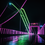 A neon-lit bridge casting vibrant reflections on rain-soaked surfaces, creating a captivating and colorful nightscape in an urban setting.
