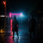 A neon-lit samurai standing in the rain, showcasing a blend of traditional warrior ethos with modern neon aesthetics, captured in a visually stunning scene.