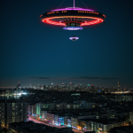 A stunning neon UFO hovers above a vibrant cityscape, capturing the imagination with its mysterious and captivating presence against the urban night sky.