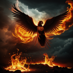 A majestic phoenix reborn amidst a storm of vibrant flames, symbolizing transformation and resilience, emerging from the ashes with fiery wings spread wide.