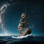 A majestic pirate ship sails through the starry expanse of space, its sails billowing against the cosmic backdrop of twinkling stars and distant galaxies.