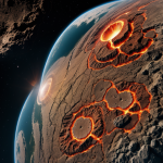 A planet's cracked surface with glowing magma rivers illustrating dynamic geological processes in space.